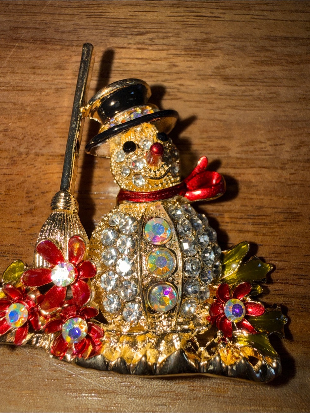 Gold Crystal Snowman Brooch with Red Accents